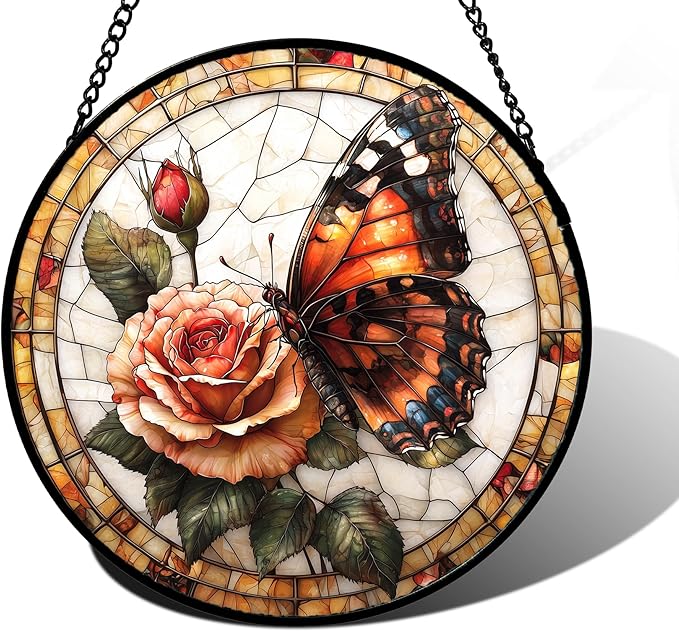 Stained Glass Window Hanging, Butterfly Picking Flowers Suncatcher for Doors Home Sun Catchers Decoration and Christmas, Mother's Day Birthday Gifts for Women, Men, and Mom 6.3 in