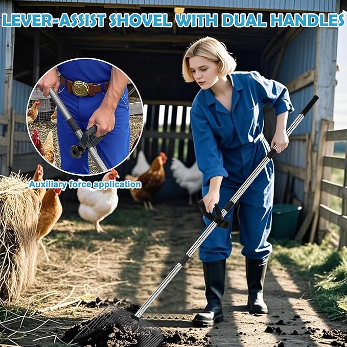 15inch Large Chicken Coop Scooper,Telescoping Chicken Manure Scraper With 38 to 64" Stainless Steel Handle, Adjustable Chicken Shovel For Poultry Rake,Chicken Coop Rake, Chicken Poop Scooper For Sand