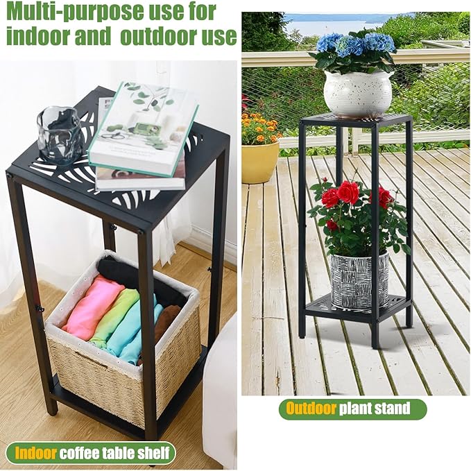2-Tier Tall Metal Square Plant Stand 31” Heavy-Duty Modern Flower Pot Rack for Indoor Living Room, Corner Side Table for Outdoor Patio, Garden, and Balcony, Black