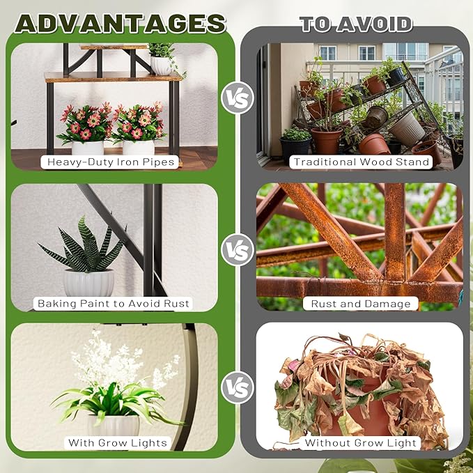 Plant Stand Indoor with Grow Lights, 2 Pack 62" Tall Corner Plant Shelf with Hook for Plants Multiple, Tree-Shaped Tiered Metal Plant Flower Holder with Adjustable Brightness & Timer for Home, Patio