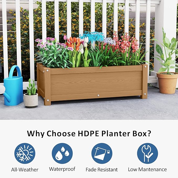 HDPE Raised Planter Box Outdoor,Rot-Resistant and Non-Cracking,Raised Beds for Gardening 29.5 * 14.4 * 9.8 in for Yard,Lawn,Outdoor Planter Boxes Rectangle with Drainage Holes Brown