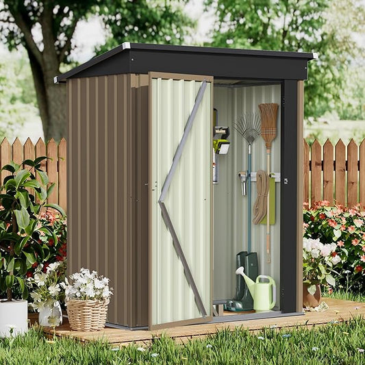 GUNJI 5 x 3 FT Shed Outdoor Storage Shed Metal Garden Shed with Lockable Door Outside Waterproof Tool Shed for Backyard, Patio, Lawn (Brown)