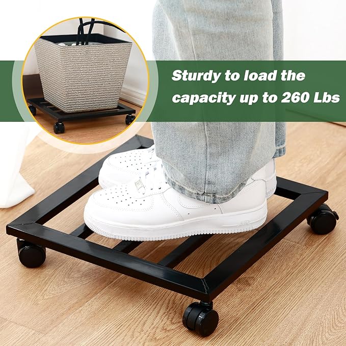 2 Packs 13.6 inches Large Metal Plant Caddy with PU Wheels Square Planter Dolly Pot Mover Rollers Wrought Iron Rolling Plant Stands Indoor Outdoor Plant Holder Coaster Trolley, Black
