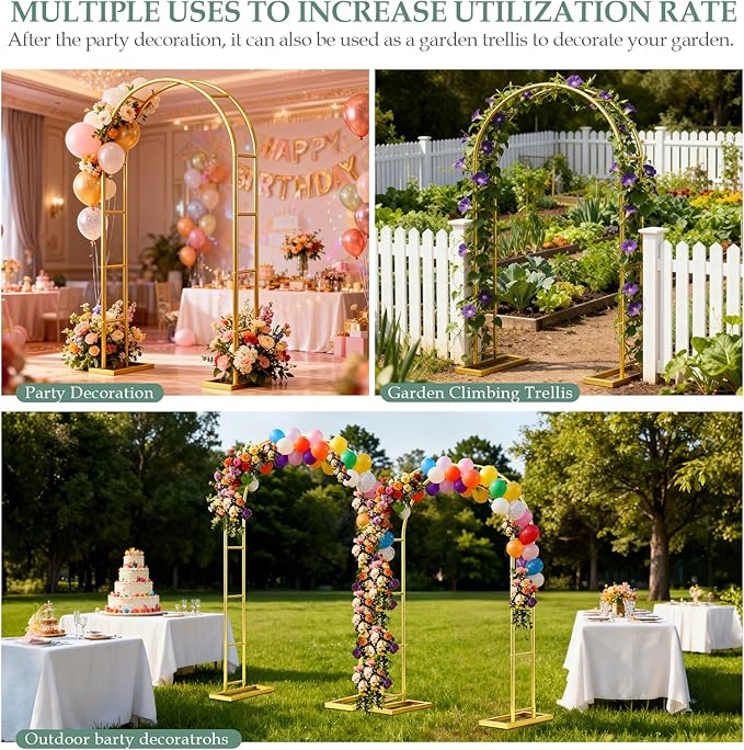 Arch Backdrop Stand 7.2FT, 6FT Set of 2, Metal Pergola Arbor Garden Arch Trellis for Climbing Plants Outdoor for Various Climbing Plant,Gold Balloon Arch kit Stand for Party Decoration