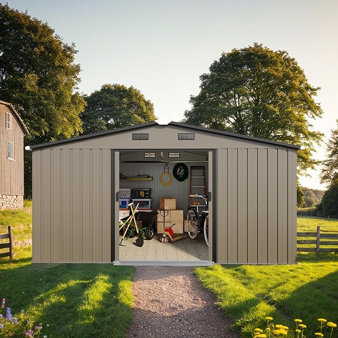 10x12 FT Outdoor Storage Shed, Extra Large Metal Shed with Lockable Doors,Vent & 2 Windows, All-Weather Tool Shed Storage House for Backyard,Garden,Patio, Lawn, Brown