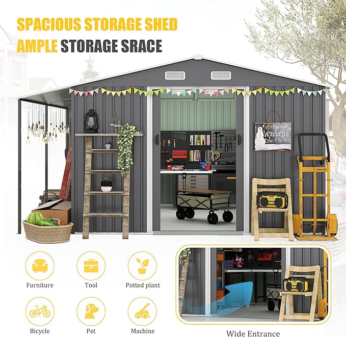 10x12 FT Outdoor Storage Shed,Extra Large Metal Garden Tool Shed with Lockable Doors,Windows & Air Vents,Dual-Zone Design Outside Steel Tiny House for Backyard, Patio Lawn,Dark Gray