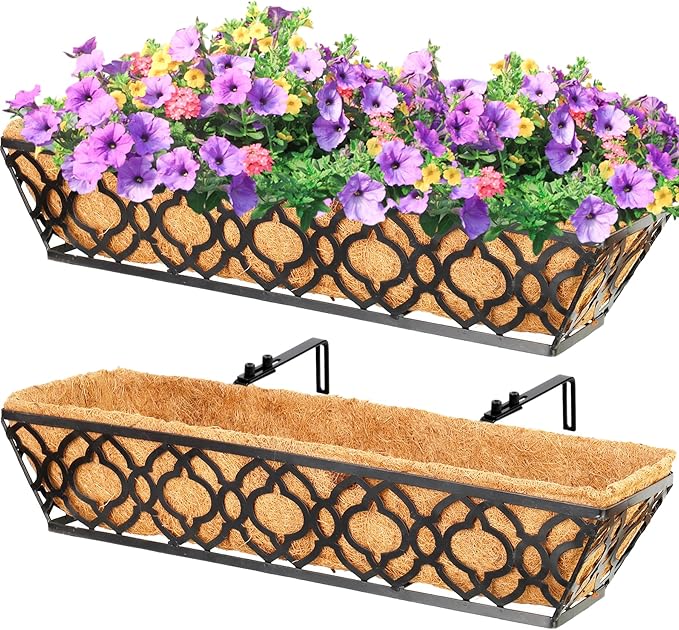 Y&M 24-Inch Window Planter Box 2Pcs Iron Deck Railing With Coco Liner, Metal Horse Troughs for Outdoor Balcony Rail Fence Porch Patio