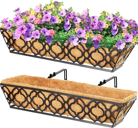 Y&M 24-Inch Window Planter Box 2Pcs Iron Deck Railing With Coco Liner, Metal Horse Troughs for Outdoor Balcony Rail Fence Porch Patio