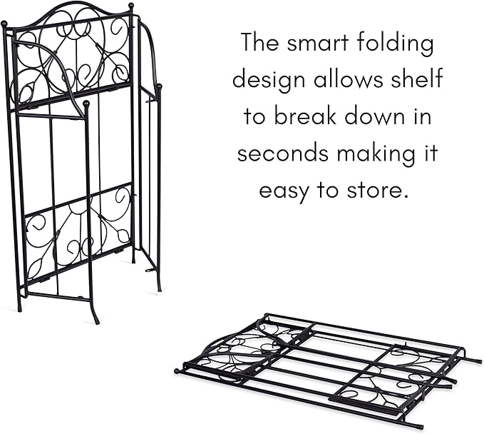 BIRDROCK HOME 2-Tier Metal Tiny Plant Stand Shelf - Decorative Mediterranean Scroll Design - Lightweight Folding - Black Metal Holder Rack - Indoor or Outdoor Use - Great for Small Spaces - Small