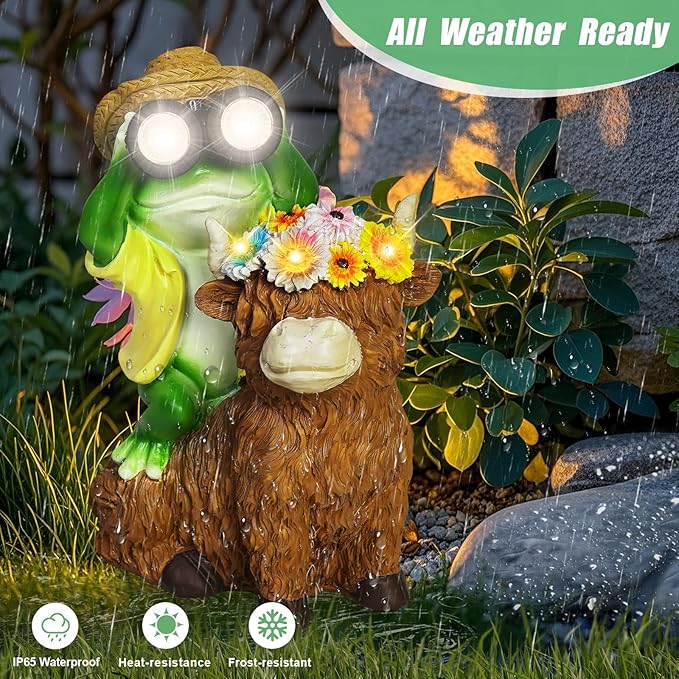 for Women Solar Frog Sitting on Highland Cow Statue with Flower Outdoor Garden Decor,Highland Cow Gifts for Women Mom,Frog Figurine Decorative LED Lights for Yard Patio Porch Lawn