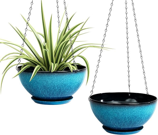 2 Pack 10 inch Hanging Planters, Plastic Hanging Plant Pots with Drainage Hole and Chain, Hanging Flower Pots for Outdoor Indoor Plants (Blue)