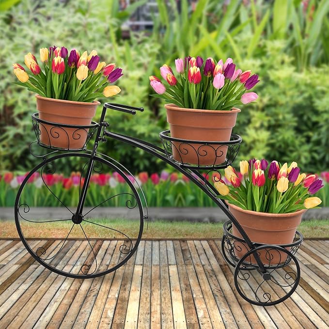Sorbus Tricycle Plant Stand - Flower Pot Cart Holder - Ideal for Home, Garden, Patio - Great Gift for Plant Lovers, Housewarming, Mother’s Day - Parisian Style (Black)
