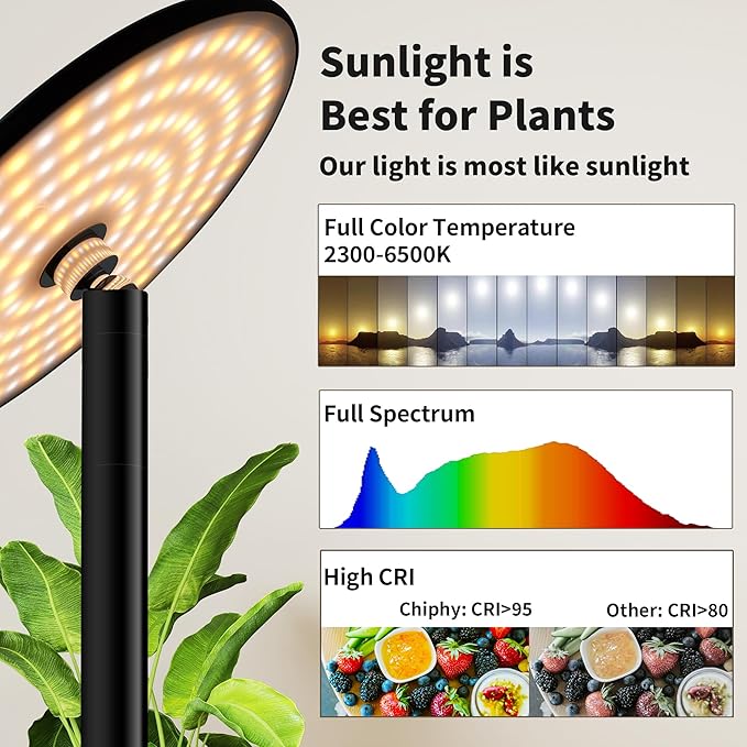 chiphy Grow Lights, 85" Full Spectrum Plant Light for Indoor Plants, 4/8/12H Timer, 40W Grow Lamp, 10 Dimmable Brightness, Height Adjustable, Ideal for Large Tall Plants