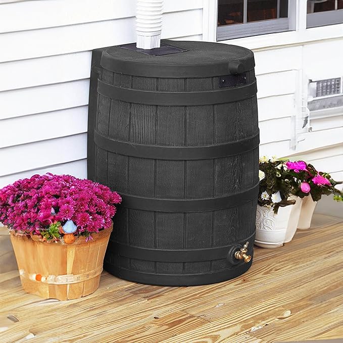 Good Ideas Rain Wizard 50 Gallon Plastic Outdoor Home Rain Barrel Water Storage Collector with Brass Spigot and Flat Back Design, Oak (3 Pack)