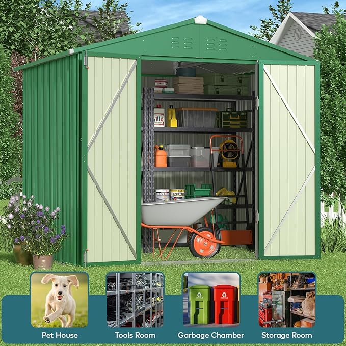 Gizoon Outdoor Storage Shed 8 x 6 FT, Galvanized Metal Garden Shed with Double Lockable Doors, Outdoor Storage Clearance for Backyard Patio Lawn-Green