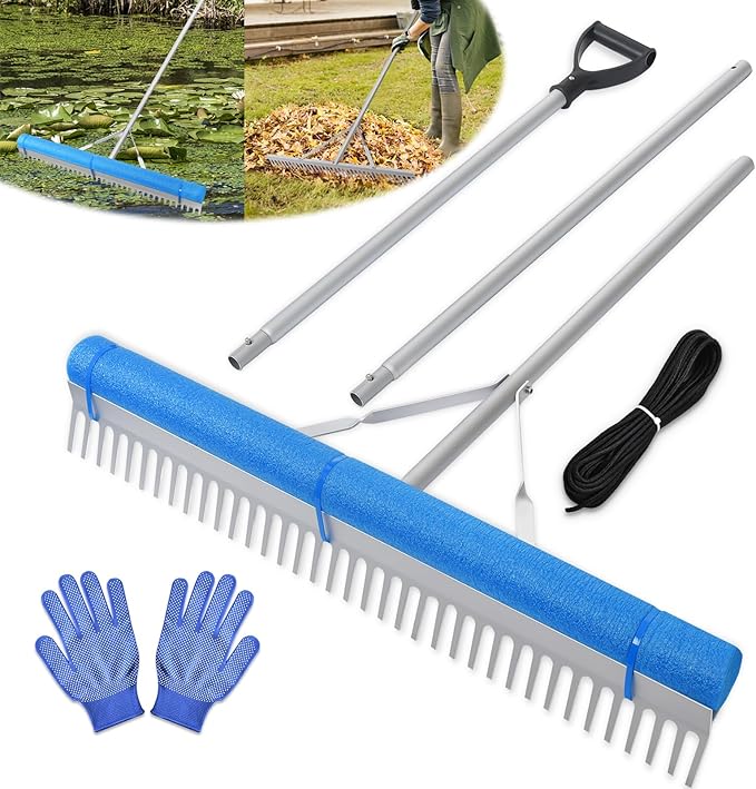 Floating Lake Rake, Leaf Collector for Gardening, 36" Aluminum Landscape Rake with Adjustable Handle, 33FT Rope & Float, Weed Algae Removal, Multifunctional Detachable Aquatic Weed Rakes