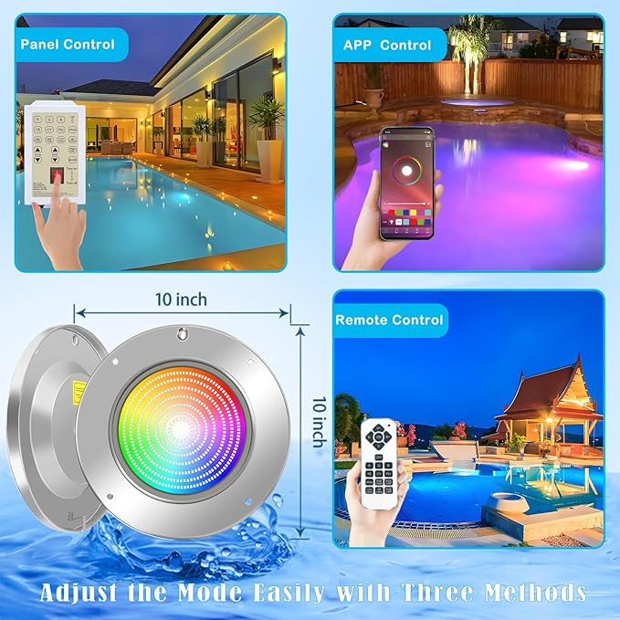 LED Pool Lights for Inground Pool, 60W 50Ft 10 Inch Pool Light with 3 Control Way (App/Remote/Manual Controller), Underwater Swimming Pool Spa Light Replacement, Fit for 10” Wet Niche, 50 Ft Cord
