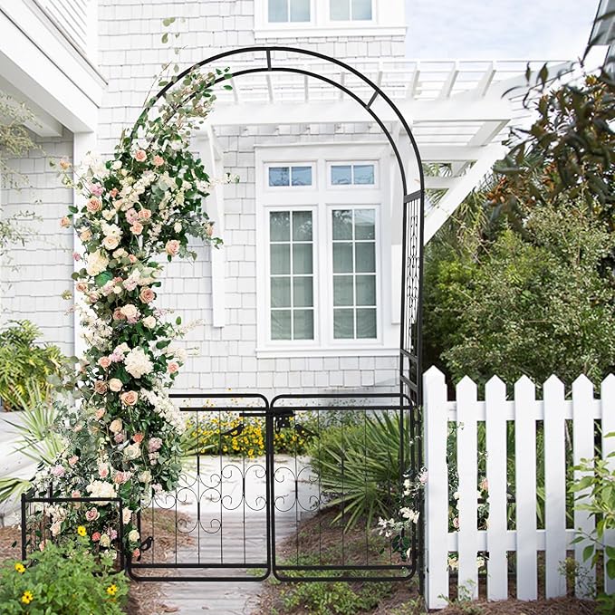 Garden Arbor with Gate and Planter, 7FT Wedding Arches for Ceremony, Metal Arbor Trellis for Climbing Plants Outdoor, Black Garden Archway for Lawn, Patio and Backyard, Includes Ground Stakes