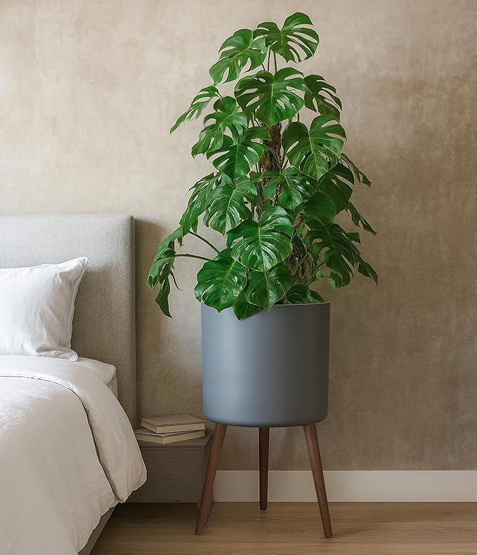 D'vine Dev 16 Inch Planter Pot with Stand, Mid-Century Tall Plant Pot with Legs for Indoor Plants, XX-Large, Grey, 88-O-E-3