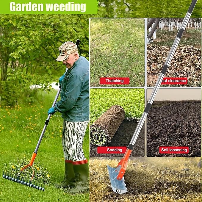 Thatch Rake, Lawn Dethatcher Rakes,Dead Grass Remover,Manual Dethatching Rake with Adjustable Length Handle, for Removing Dead Grass Debris Yard Garden, 66.9-Inch Length.