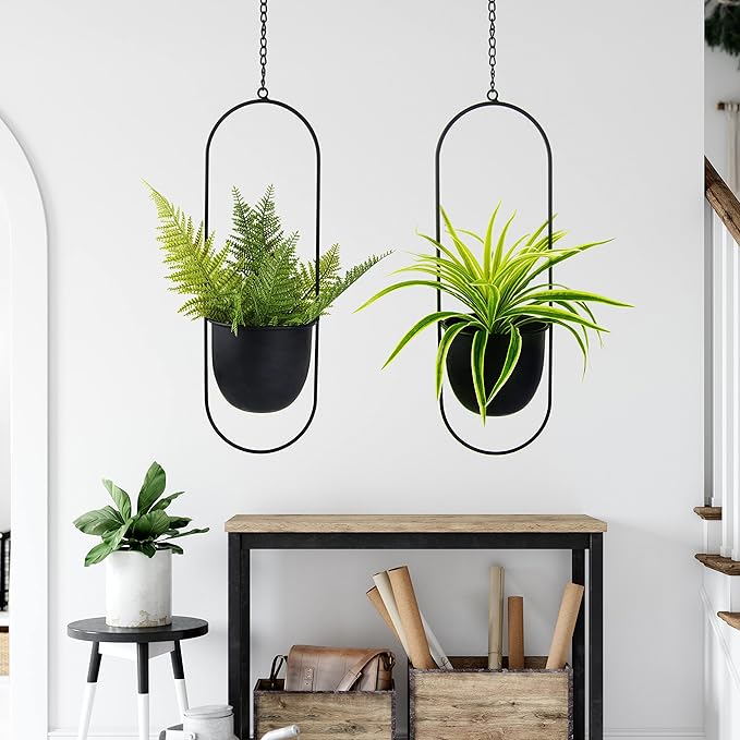 Metal Oval Hanging Planter, Set of 2 Black Geometric Plant Hangers with 6 inch Flower Pots in Oval Shape, Modern Wall and Ceiling Plant Holders for Indoor Outdoor Plants Home Décor