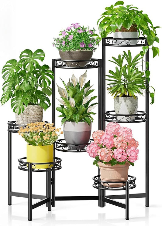 Metal Plant Stand, 7 Tier Tall Wrought Iron Plant Shelf Holder for Indoor, Outdoor Folding Tall Display Rack Flower Pot Stand for Corner Office Balcony Patio - BlackCircle