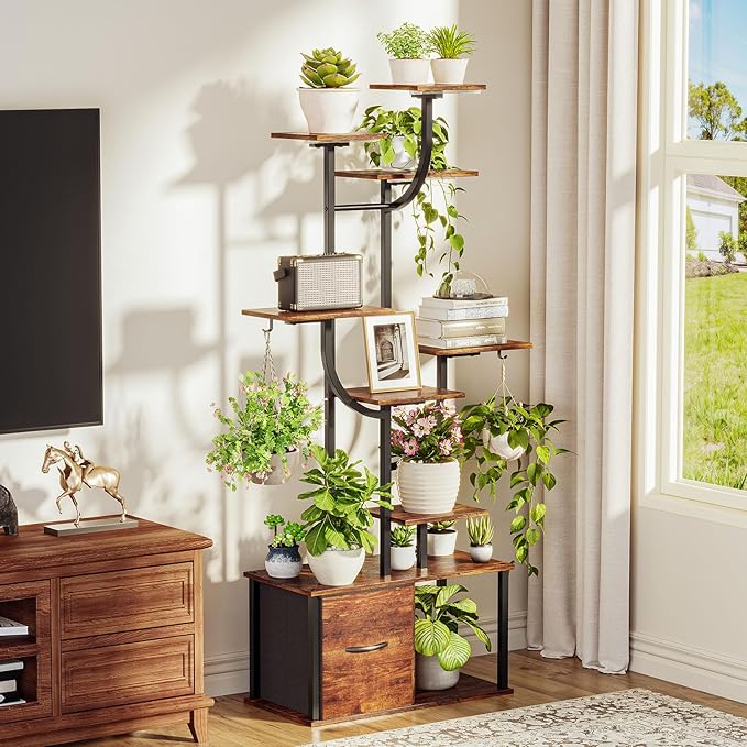 cebihy 9 Tiered 59'' Plant Stand Indoor with Grow Light 3 Color Modes, Plant Shelf with Drawer, 10 Brightness Levels, Timer, Wide Base, Corner Plant Stands for Living Room, Balcony (Tall 59'')
