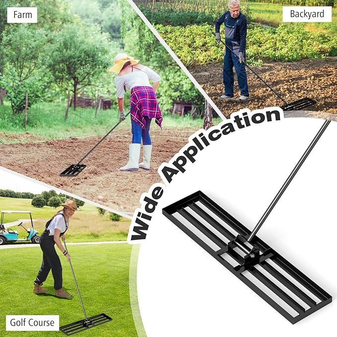 42" x 10" Lawn Leveling Rake, Heavy Duty Landscape Rake with 67" Handle, Non-Slip Grip & Flat Head, Space-Saving Lawn Level Tool for Garden, Backyard, Golf Course & Sports Field(Black)