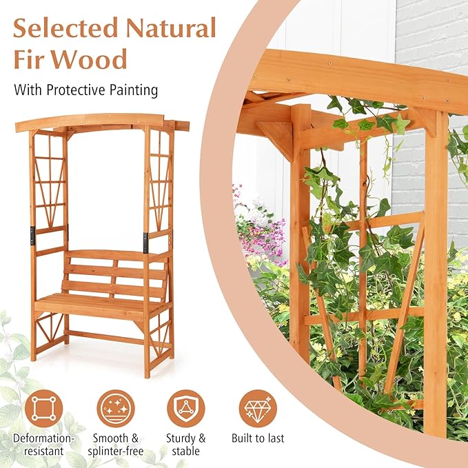 Giantex Garden Arbor with Bench - Wooden Garden Arch Trellis for Climbing Plants Vines, 2-Person Outdoor Bench, 48''W x 75''H Patio Archway for Lawn Wedding Party Ceremony Backyard Decor