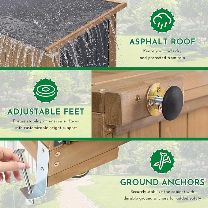 Outdoor Storage Cabinet, Large Wood & Metal Garden Shed with Foldable Table, Weather-Resistant Asphalt Roof, Lockable Doors & Adjustable Feet for Patio, Backyard, or Garage (47"L x 20"W x 70"H)