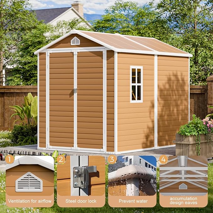 HUSFU Outdoor Resin Storage Shed 8x6 FT, Plastic Tool Shed for Bike, Garbage Can, Chicken Coop, Outside Sheds with Lockable Door for Backyard, Patio, Lawn, Light Brown