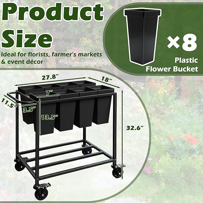 Flower Cart with 8 Buckets,Flower Cart Display Stand with Wheels,Bloom Bar,Flowers Stand for Wedding ,Party and Home Decor,Black