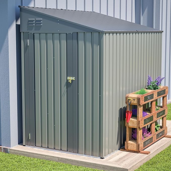 4×7 FT Outdoor Metal Storage Shed,Heavy-Duty Lean to Storage Shed with Lockable Door and Reinforced Beams,All Weather Waterproof Storage House W/2 Air Vents,for Backyard,Patio,Lawn,Gray