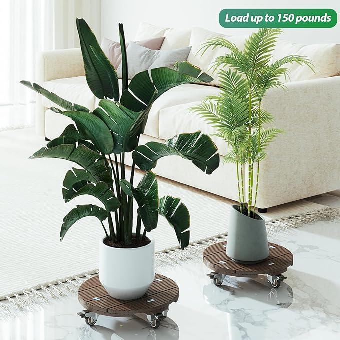 mondaria 2 Pack Plant Caddy with Wheels, 13.8" Wood Plastic Composite Plant Stand, Heavy Duty Round Plant Dolly with Metal 360° Lockable Caster Wheels for Large Plant Pots, Flower Pot ,Dark Brown