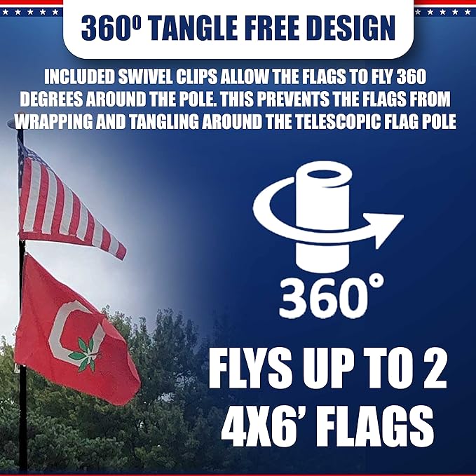 Service First 25FT Flagpole Kit Freedom Edition Black Telescoping For Outside House In Ground - Anti Tangle Swivel Ring Design - 100MPH Wind Tested
