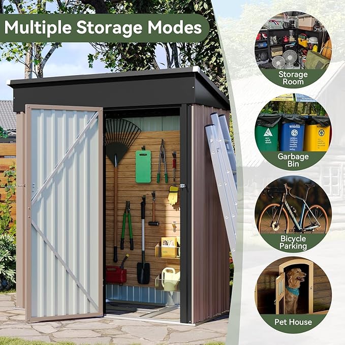 Aoxun 5’ x 2.9’ Shed Outdoor Storage Shed with Base Frame & Lockable Doors & Slooping Roof Metal Garden Tool Shed for Backyard, Patio, Poolside (Brown)