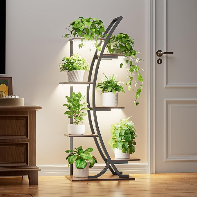 JUSTOGO Plant Stand Indoor with Grow Lights, 47" 7-Tier Corner Plant Shelf Rack, Multi-Pot Holder Display Stand for Plants, Flowers - Garden, Patio, Living Room Decor, Black