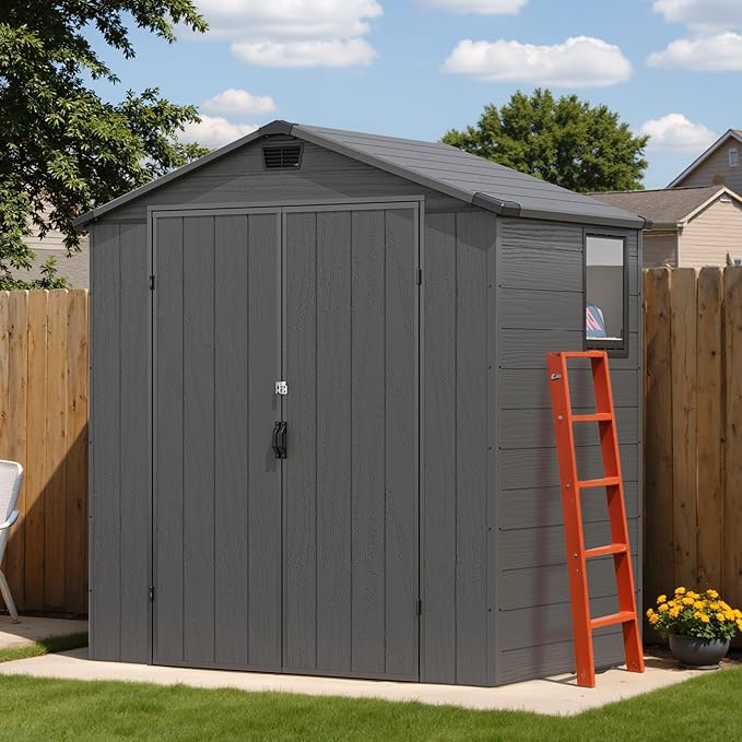 Devoko 6x4 FT Plastic Storage Shed, Outdoor Resin Garden Shed with Floor, Waterproof Tool Storage Shed with Lockable Door and Window for Patio, Garden, Backyard, Dark Gray