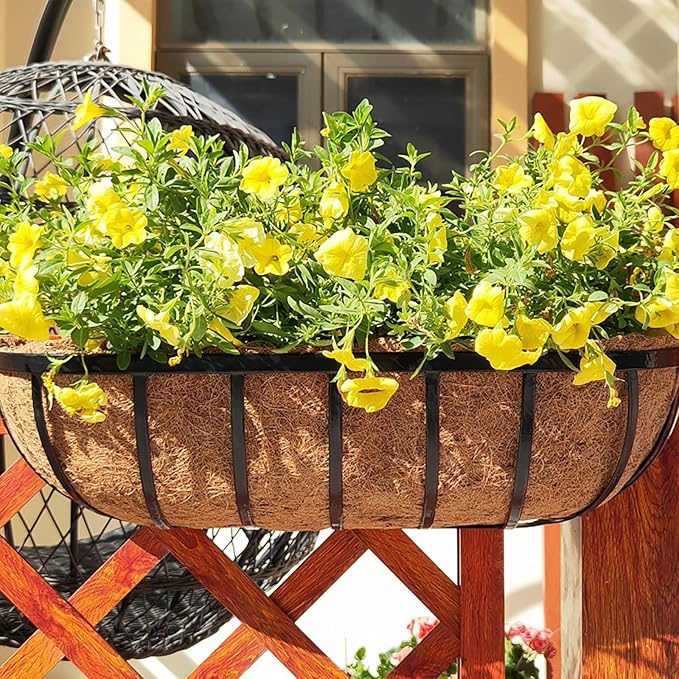 24“ Window Box Railing Planter with Coco Liner Metal Wall-Mounted Coconut Liner Planter Basket English Horse Trough Planters for Outdoor Deck Balcony Porch Fence Patio Black (2 Pack)