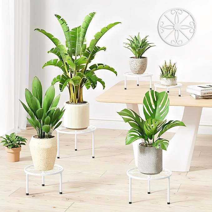 5 Pack Plant Stand Indoor Outdoor,Heavy Duty Black Iron Potted Stand Holder,Anti-Rust Iron Flower Pot Stand Decoration Racks Plant Display Shelf for Living Room, Garden, Balcony(WhiteS)