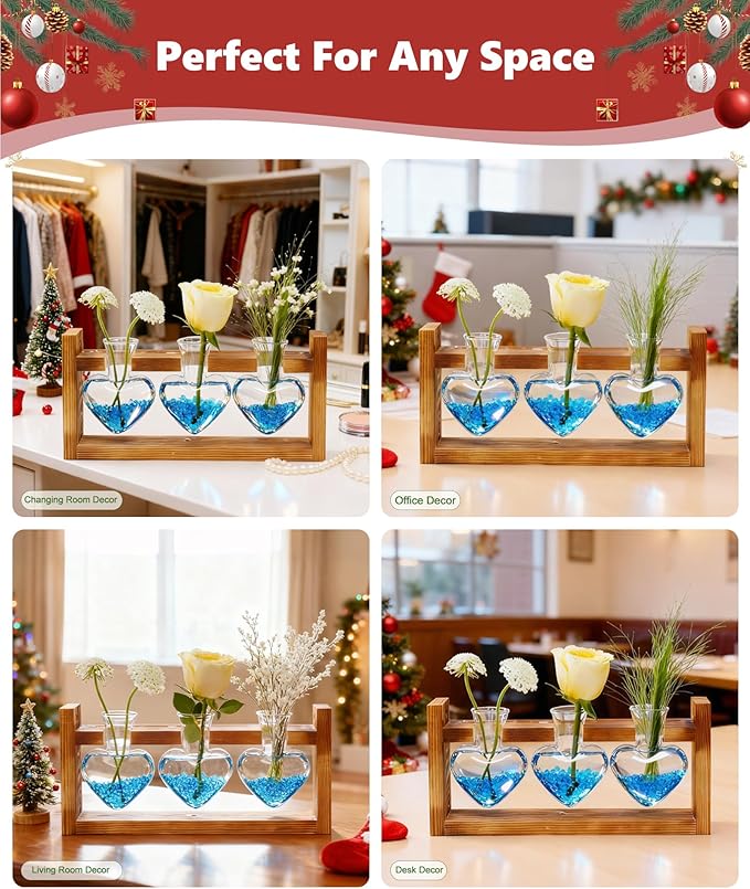 Nacome Plant Terrarium Propagation Stations: Christmas Gifts for Plant Lovers Women Mom Wife - Wooden Stand Tabletop Planter 3 Bulb Glass Vase Heart Shaped for Hydroponics Indoor Home Office Decor