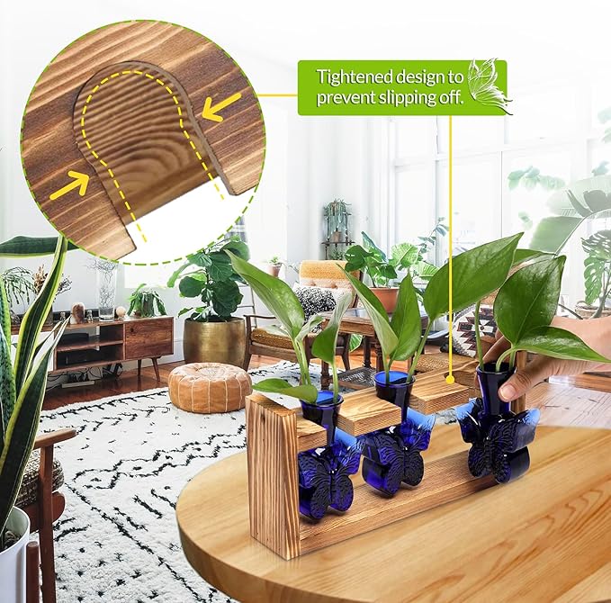 Glass Plant Propagation Station Butterfly Planter Vase with Wooden Stand Birthday Gifts for Women Mom Plant Lovers Office Home Decoration