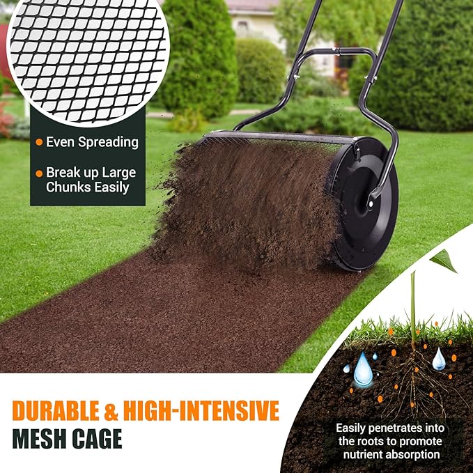 S AFSTAR 24-Inch Compost Spreader, Peat Moss Spreader with Upgrade Side Latches & U-Shape Handle, Metal Mesh Topdressing Roller for Topsoil, Fertilizer, Garden & Lawn Care Manure Spreader (Black)