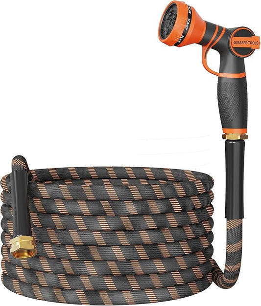 Giraffe Tools Non-Expandable Garden Hose 50FT 1/2” Lightweight Flexible Water Hoses Burst 600 psi with 9 Spray Function Nozzle Heavy Duty Hose