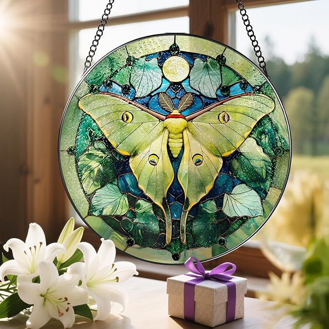 Luna Moth Sun Catcher, 8 Inch Stained Glass Suncatcher, Stained Glass Window Hanging, Luna Moth Indoor Decor, Idea Gift, Gift Exchange