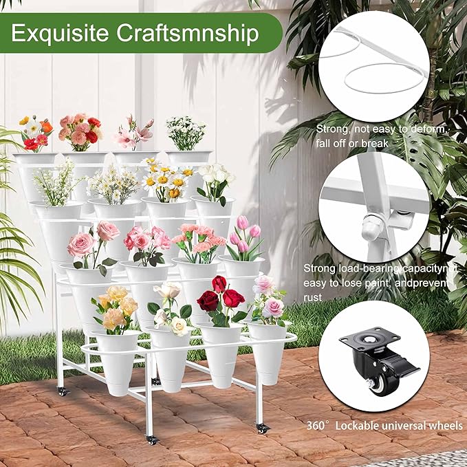 Floral Display Stand with 16 White Flower Baskets 4-Layers Cart Display Stand with Wheels ,Sturdy Mobile Flower Bouquet Rack for Courtyard, Garden, Flower Shop, with Lockable Rotating Wheels (White)