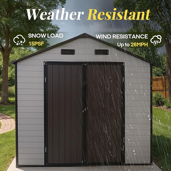8x8ft Resin Outdoor Storage Shed with Floor and 2 Windows, Plastic Sheds & Outdoor Storage Clearance for Patio Furniture, GardenTools, Bike Accessories and Lawn Mower, Brown+White