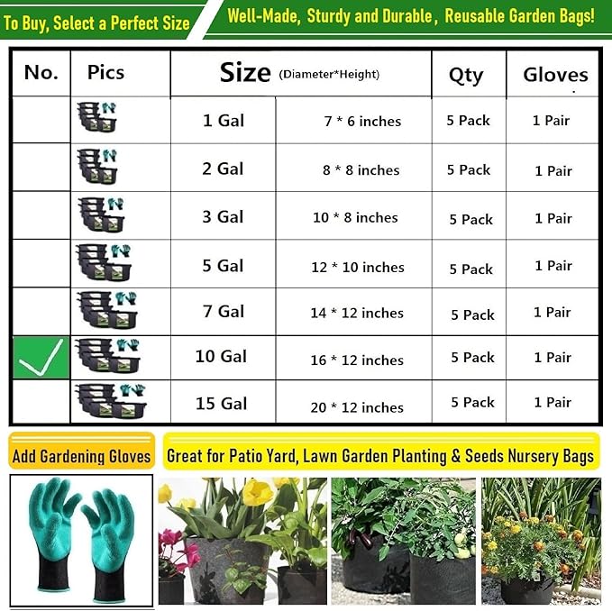 5-Pack 10 Gallon Plant Grow Bags (16x12 inch) Thickened Fabric Plant Pots Garden Bag for Tomato,Potato Planters,Herbs Veggies Planter Bag,Garden Pot,Flower Pot,Barrel Planter,Plant Container W/ Gloves
