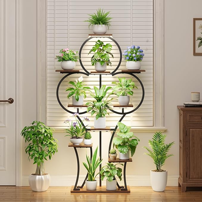 POZILAN Plant Stand Indoor with Grow Lights - 63" Tall Corner Plant Stands for Indoor Plants - 10 Tiered Plant Shelf with Grow Light, Multiple Metal Lighted Plant Stand for Balcony, Living Room, Patio
