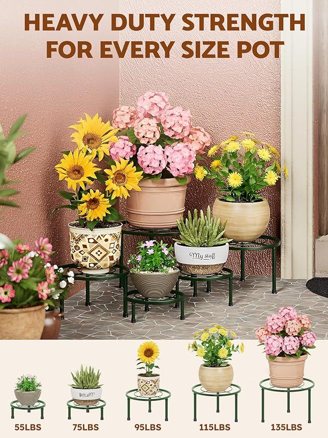 5 Pack Plant Stand Indoor Outdoor, Heavy Duty Plant Stand for Multiple Plants, Anti-Rust Iron Flower Pot Stand Decoration Racks Plant Potted Shelf for Patio(DarkGreenCircle)